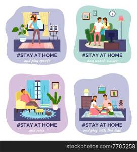 Stay at home concept series, people sitting at their home, doing household chores and playing with kids. Family sitiing at home keeping the distance. Quarantine or self-isolation. Health care concept. Self isolation, stay at home concept, people sitting at their apartment and doing household chores