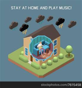 Stay at home concept with play music symbols isometric vector illustration