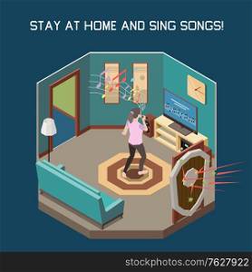 Stay at home concept with sing songs symbols isometric vector illustration