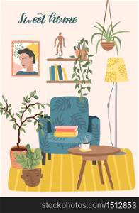 Stay at home. Cozy room interior. Vector illustration. Concept for self-isolation during quarantine and other use.. Stay at home. Cozy room interior. Vector illustration.