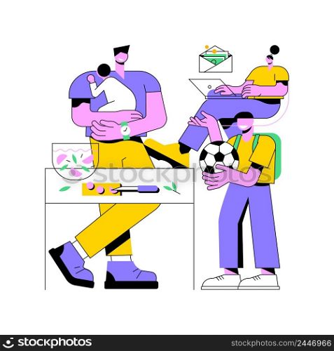 Stay-at-home dads abstract concept vector illustration. Stay-at-home father, house dad, taking kid to school, work home, breadwinner mom, parental leave, spend time with child abstract metaphor.. Stay-at-home dads abstract concept vector illustration.