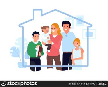 Stay at home family. Indoor virus protection, family is safe under roof house, happy parents and children, safety couple with kids together vector concept. Stay at home family. Indoor virus protection, family is safe under roof house, happy parents and children, couple with kids. Vector concept