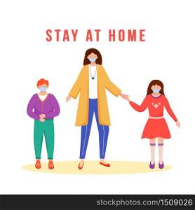 Stay at home flat color vector faceless character. Mother with children in medical masks. Family health protection. Self isolation isolated cartoon illustration for web graphic design and animation