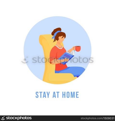 Stay at home flat detailed icon. Social distancing for personal safety. Woman resting indoors. Self quarantine sticker, clipart with 2D character. Isolated complex cartoon illustration