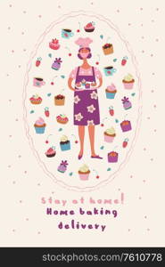 Stay at home. Homemade cakes with delivery. Vector illustration. A pretty woman pastry chef in a medical mask and a lot of beautiful and delicious cakes with cream, chocolate and strawberries. Postcard with an oval frame on a light background.. Cute postcard with homemade confectionery, cakes and pies. Female pastry chef in a medical mask. Stay at home. Home baking delivery. Vector illustration.