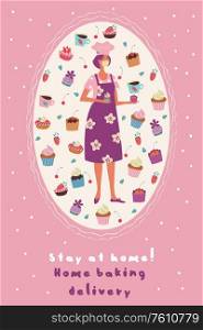 Stay at home. Homemade cakes with delivery. Vector illustration. A pretty woman pastry chef in a medical mask and a lot of beautiful and delicious cakes with cream, chocolate and strawberries. Postcard with an oval frame on a light background.. Cute postcard with homemade confectionery, cakes and pies. Female pastry chef in a medical mask. Stay at home. Home baking delivery. Vector illustration.