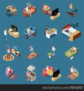 Stay at home icons set with sleeping and working symbols isometric isolated vector illustration
