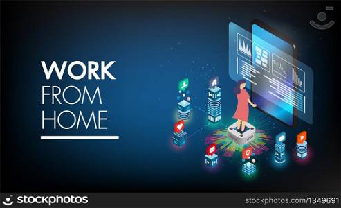 Stay at home technology isometric background with character. Work from home remotely to prevent spread of COVID-19 using laptop computer in home health concept.Protection from infection.Flat vector.