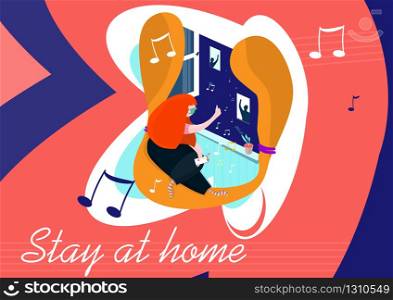 Stay at home. Woman in mask sitting at the window and listening to music. Flat vector illustration.