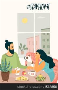 Stay at home. Young man and woman are sitting are drinking tea and talking. Vector illustration. Concept for self-isolation during quarantine and other use.. Stay at home. Young man and woman are sitting are drinking tea and talking. Vector illustration.