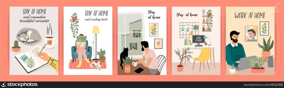 Stay at home. Young men and women stay in cozy house. Vector illustrations. Concept for self-isolation during quarantine and other use.. Stay at home. Young men and women stay in cozy house. Vector illustrations.