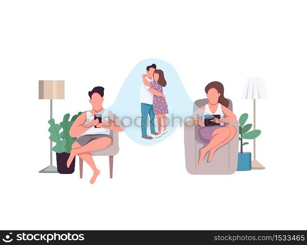 Stay connected flat concept vector illustration. Man and woman texting. Romantic partner on phone call. Heterosexual couple 2D cartoon characters for web design. Remote communication creative idea. Stay connected flat concept vector illustration