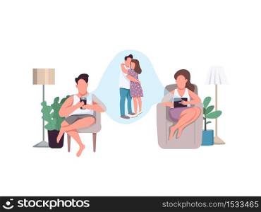 Stay connected flat concept vector illustration. Man and woman texting. Romantic partner on phone call. Heterosexual couple 2D cartoon characters for web design. Remote communication creative idea. Stay connected flat concept vector illustration