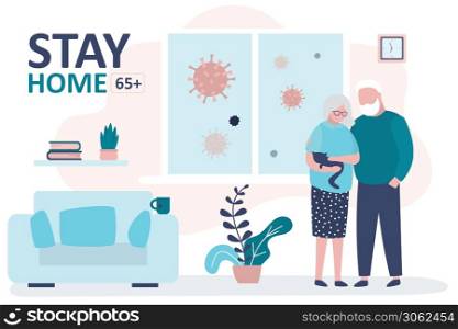 Stay home 65 and older banner template. Elderly couple at home. Quarantine or self-isolation. Grandparents health care concept. Fears of getting coronavirus. Global viral epidemic or pandemic.Vector