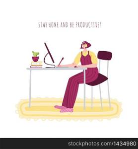 Stay home and online education concept during quarantine by coronavirus covid-19 - girl in headphones with laptop at home in room at her desk studying online course - vector isolated illustration. Home activities for people in isolation