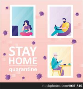 Stay home concept background. Part of building with windows. Various people in their apartments. Self-isolation or quarantine. Coronavirus outdoors. Pandemic Covid-19. Trendy vector illustration