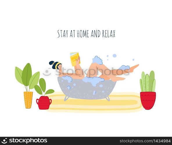Stay home concept - girl takes a bath and reads book, resting, home activities for people in covid-19 quarantine time, literature fan and healthcare concept, flat cartoon character vector illustration. Home activities for people in isolation