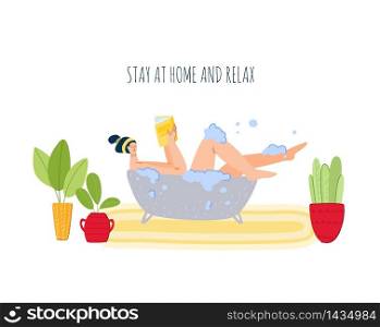 Stay home concept - girl takes a bath and reads book, resting, home activities for people in covid-19 quarantine time, literature fan and healthcare concept, flat cartoon character vector illustration. Home activities for people in isolation