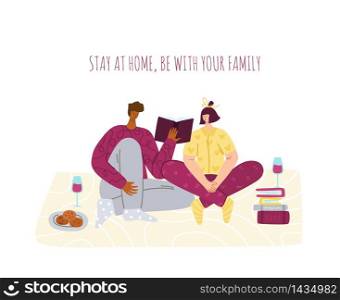 Stay home concept - girls and man or family in room reading book together and relaxing, home activity for people in covid-2019 quarantine time, flat cartoon characters vector isolated illustration. Home activities for people in isolation
