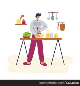 Stay home concept - man and home activity for covid-19 quarantine isolation - cooking food in kitchen, flat cartoon character isolated on white - vector illustration. Home activities for people in isolation