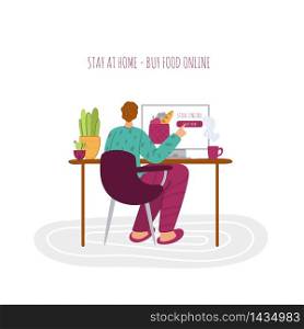 Stay home concept - man doing online shopping or buying food, home activities for people in covid-19 quarantine time, modern flat cartoon people character isolated on white - vector illustration. Home activities for people in isolation