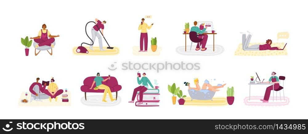 Stay home concept - peolle and home activities for covid-19 quarantine isolation - online shopping, education, meditation, cleaning, flat cartoon characters isolated on white - vector illustration. Home activities for people in isolation