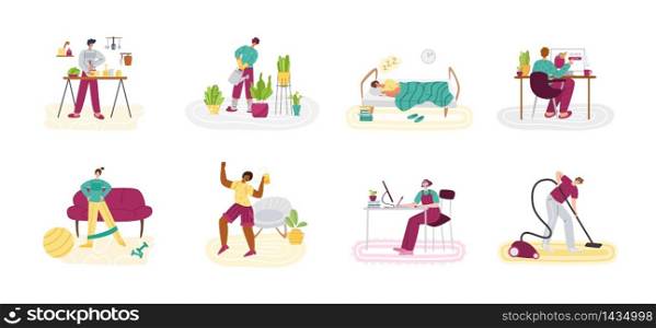 Stay home concept - people and home activities for covid-19 quarantine isolation - cooking, cleaning, dancing, sport exercise and resting, flat cartoon characters isolated on white vector illustration. Home activities for people in isolation