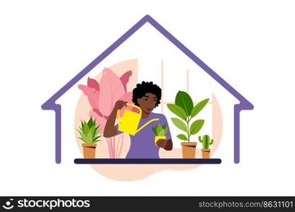 Stay home concept. Woman watering houseplants at home. Home garden and houseplants concept. Flat vector illustration.