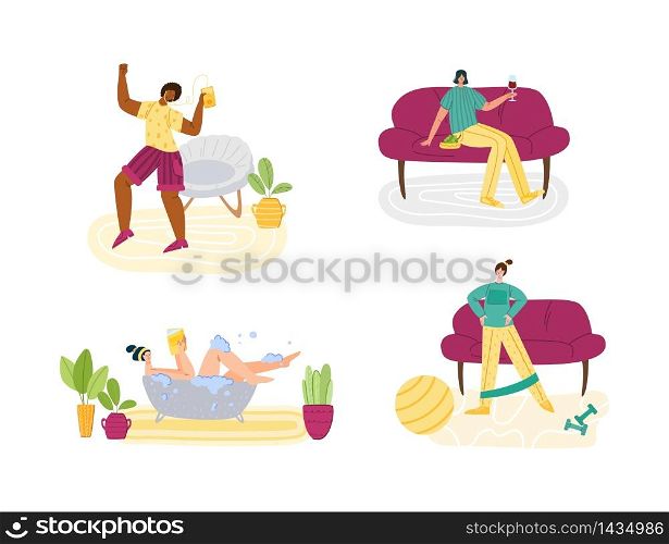 Stay home concept - women and home activities for covid-19 quarantine isolation - taking bath, dancing, sport exercise and resting,, flat cartoon characters isolated on white - vector illustration. Home activities for people in isolation