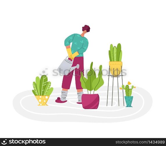 Stay home concept - women her home activity for covid-19 quarantine isolation - indoor gardening or plant growing, flat cartoon girl and potted plants isolated on white - vector illustration. Home activities for people in isolation