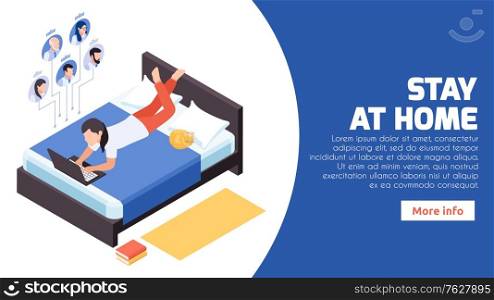 Stay home distant work isometric web banner with woman in bed managing remotely corporate network vector illustration