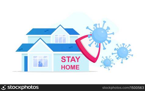 Stay home flat concept vector illustration. Coronavirus infection prevention. People at quarantine. House and covid cells 2D cartoon objects for web design. Social distancing creative idea. Stay home flat concept vector illustration