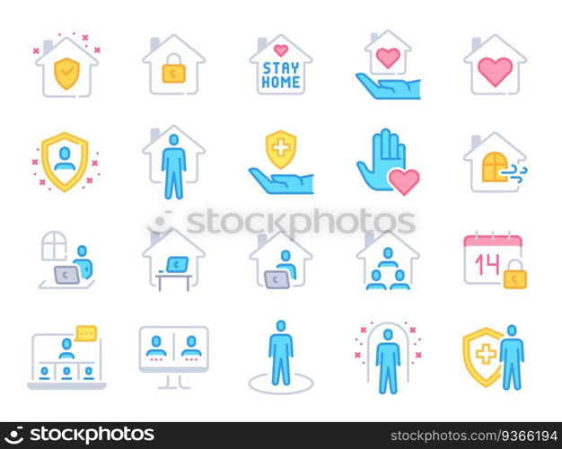 Stay home icons. Pandemic quarantine, covid outbreak prevention and work from home colorful line icon. Safety under house roof vector set. House with protection shield, lock, stay healthy. Stay home icons. Pandemic quarantine, covid outbreak prevention and work from home colorful line icon. Safety under house roof vector set