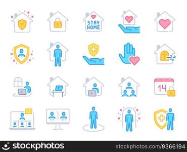 Stay home icons. Pandemic quarantine, covid outbreak prevention and work from home colorful line icon. Safety under house roof vector set. House with protection shield, lock, stay healthy. Stay home icons. Pandemic quarantine, covid outbreak prevention and work from home colorful line icon. Safety under house roof vector set