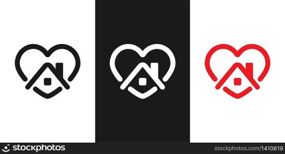 Stay home in red, black and white hearts. Motivation icon with house and heart to stay safe. Quarantine illustration of self isolation against covid-19 and coronavirus. Vector EPS 10.