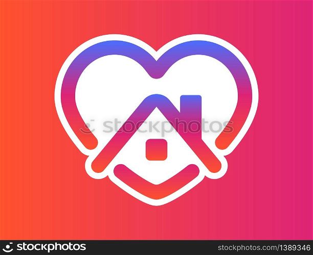 Stay home motivation heart with house. Gradient social design. Stay safe in quarantine logo. Sticker quote with gradient background. Coronavirus illustration with heart. Template concept. Vector EPS 10.
