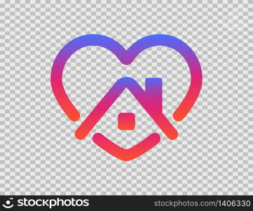 Stay home motivation heart with house. Gradient social design. Stay safe in quarantine logo. Sticker quote with transparent background. Coronavirus illustration with heart. Template concept. Vector EPS 10.