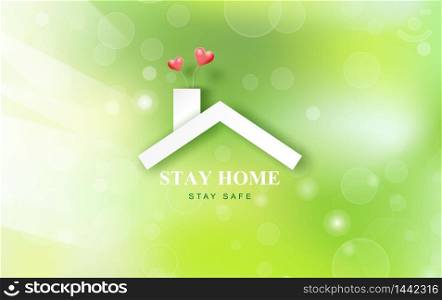 Stay home on Eco Environment background.Home icon against virus. The concept of quarantine and stay at home,Safe zone. COVID-19 Awareness.Space for your text banner website. balloons heart vector