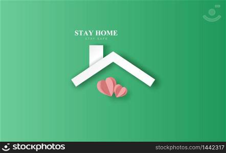 Stay home on Eco Environment background.Home icon against virus. The concept of quarantine and stay at home,Safe zone. COVID-19 Awareness.Space for your text banner website. paper heart vector