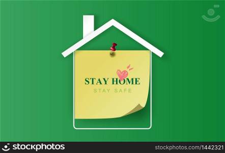 Stay home on green background.stay safe zone with home icon against virus.Paper Yellow stick note concept of quarantine and stay home. COVID-19 Awareness.Space for your text banner vector EPS10
