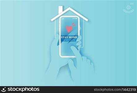 Stay home on smartphone background.stay safe home icon against virus. concept of quarantine and stay at home.hand with mobile phone COVID-19 Awareness.Space for your text banner website simple vector