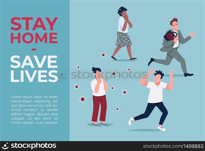 Stay home, save lives banner flat vector template. Covid outbreak brochure, poster concept design with cartoon characters. Quarantine, self isolation horizontal flyer, leaflet with place for text. Stay home, save lives banner flat vector template