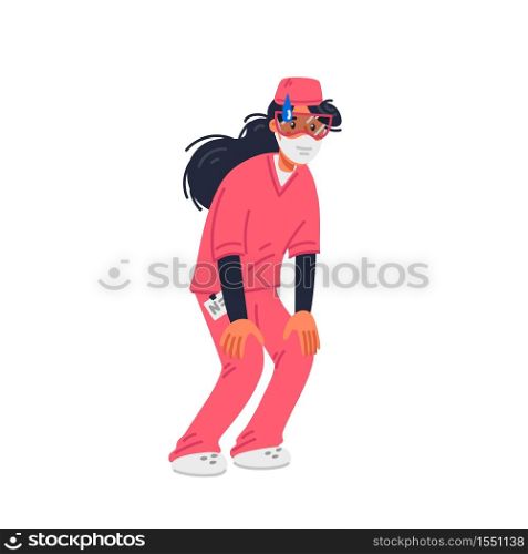 Stay home. Tired Young nurse in pink scrubs and face mask. Medical team in conditions of coronavirus pandemic, covd-19 quarantine. Flat style vector illustration. Stay home. Tired Young nurse in pink scrubs and face mask. Medical team in conditions of coronavirus pandemic, covd-19 quarantine. Flat style vector illustration.