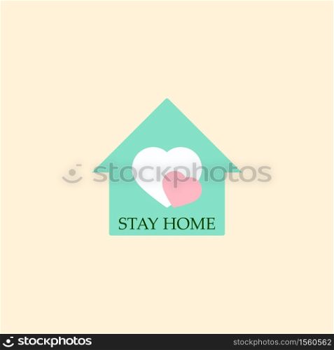 Stay home two heart under house roof with text under heart, white and pink heart, corona virus prevention logo, Vector illustration, Happiness can be found in the family Concept
