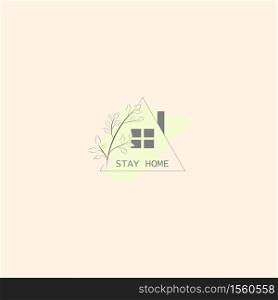 Stay home with botanical floral and text under house roof, corona virus prevention logo, Vector illustration, Happiness can be found in the family Concept