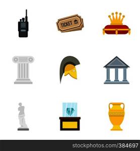 Stay in museum icons set. Flat illustration of 9 stay in museum vector icons for web. Stay in museum icons set, flat style