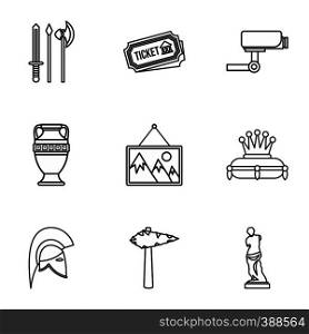 Stay in museum icons set. Outline illustration of 9 stay in museum vector icons for web. Stay in museum icons set, outline style