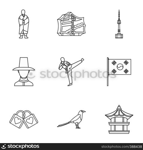 Stay in South Korea icons set. Outline illustration of 9 stay in South Korea vector icons for web. Stay in South Korea icons set, outline style