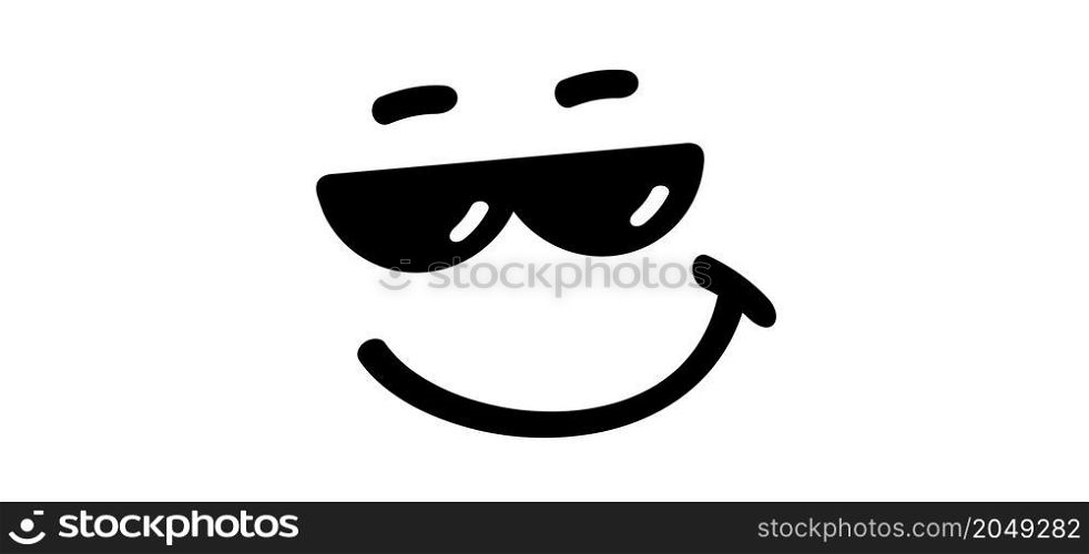 Stay or be cool with happy face and sunglasses. Cartoon vector success quotes for banner or card. Relaxing and chill, motivation and inspiration message. Comic sun glasses quote.