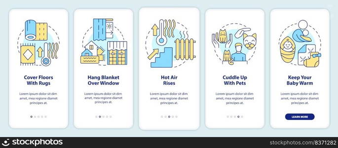 Stay warm during power outage onboarding mobile app screen. Survival walkthrough 5 steps editable graphic instructions with linear concepts. UI, UX, GUI template. Myriad Pro-Bold, Regular fonts used. Stay warm during power outage onboarding mobile app screen